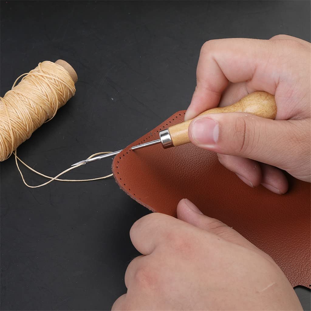 Kit de Costura de Cuero de 18 Piezas con Aguja de Ojo Grande, Hilo Encerado, punzón y Otras Herramientas manuales para Manualidades de Cuero para Principiantes.