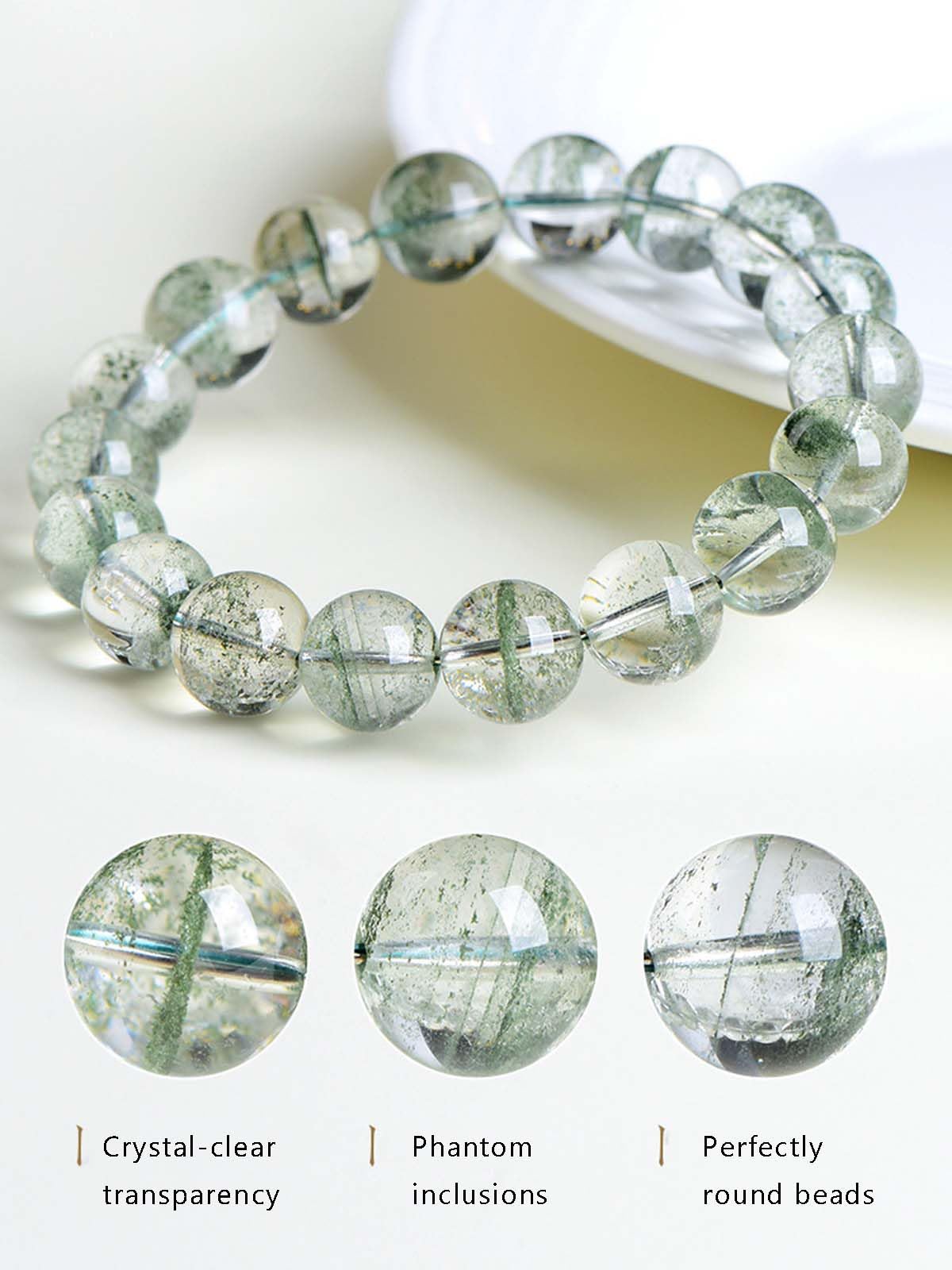Bracciale con Perline Rotonde in Cristallo di Quarzo Verde Fantasma