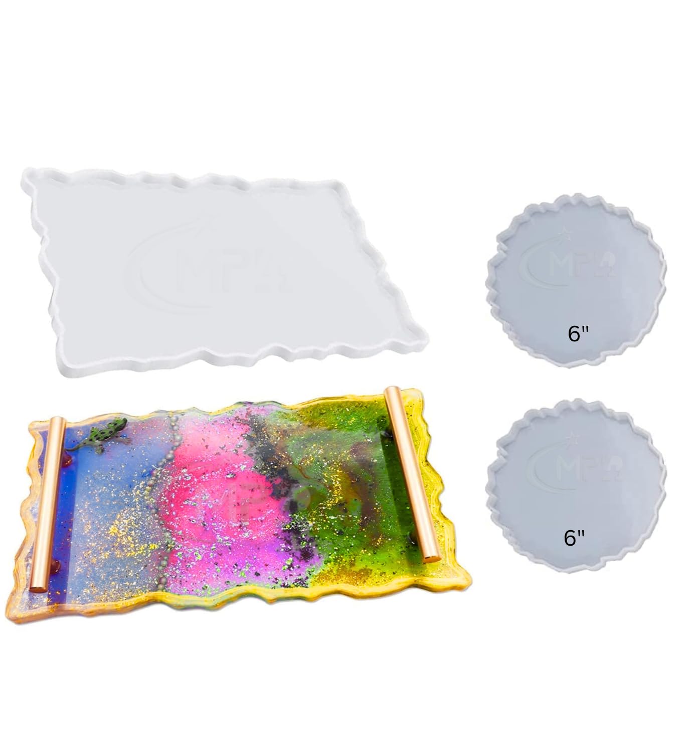 Ractangle Silicone Resin Mold,Large Irregular Tray Mold with Two 6 inch Round Resin Demold Silicon Coaster molds for Making Faux Agate Tray,Serving Board,Fruit (Pack of 3)-image-15