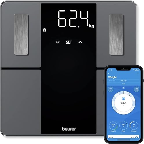 Beurer Báscula de análisis corporal inteligente BF500 con Bluetooth y aplicación, escala de diagnóstico digital precisa que mide la grasa corporal,