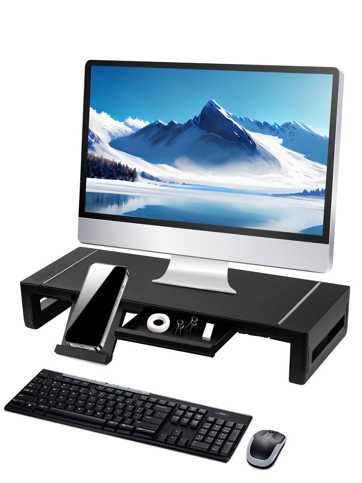 Soporte Ajustable para Monitor con Soporte para Smartphone y Tableta, Soporte Plegable para Ordenador, portátil, Impresora, Superficie de Malla (Negro)
