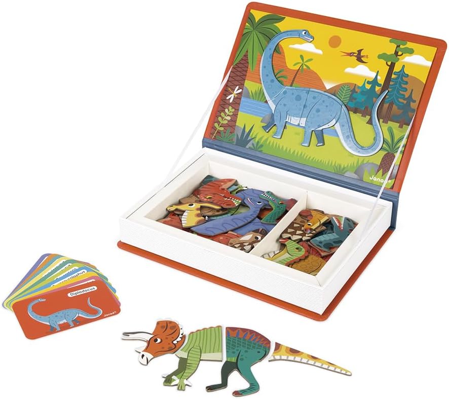 Janod - Magneti'Book Dinosaurs - 50-part educational magnetic game Teaches fine motor skills and imagination - FSC Certified - Suitable for ages 3 and up - J02590