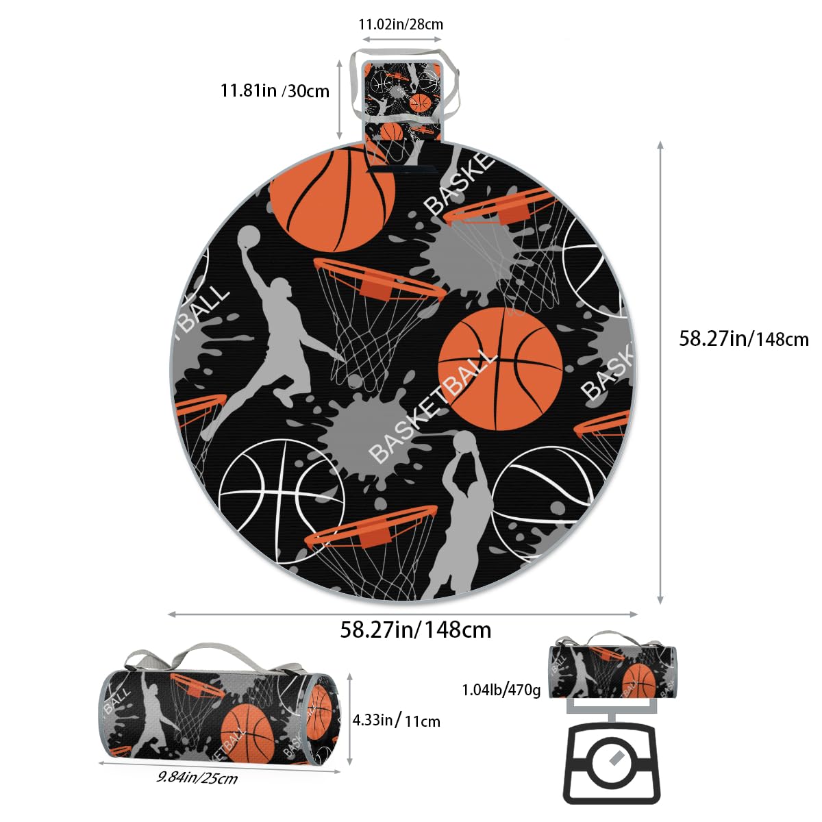 Shimoshe Art Basketball Picnic Outdoor Blanket Foldable Waterproof Sandproof Beach Blanket Portable Water-Resistant Round Picnic Mat for Travel Camping Park Lawn