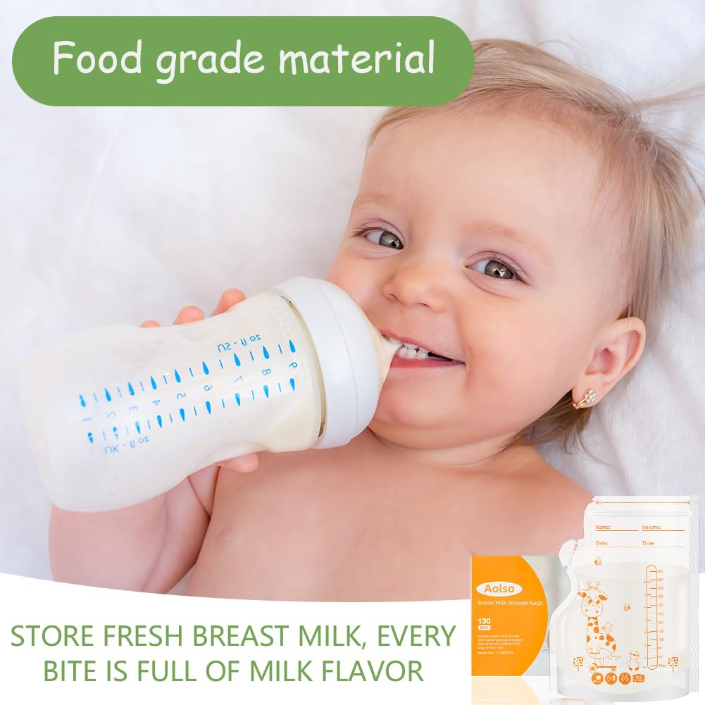 Aolso Sachet Conservation Lait Maternelle 250ML, 130PC Sac de stockage de lait maternel, Double Fermeture Étanche, Sac Lait Maternel Congelation, Sac Conservation Lait Maternel, vec Zone d'Écriture