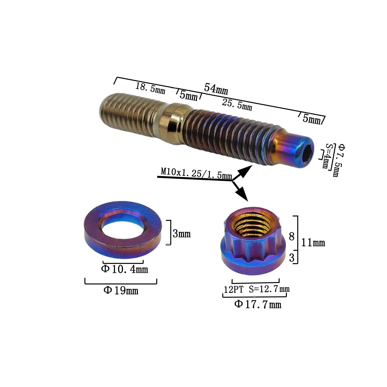 RISON Titanium Bolt M8/M10 Titanium Exhaust Manifold Stud Kit GR5 Titanium Bolt Kit 12 PCS/Set (Burnt Blue, M10x1.25x54mm