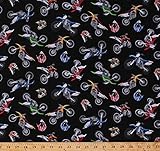 Cotton Motorcycles Motorbikes Motor Bikes Dirt Bikes Helmets Bikers Racing Vehicles Transportation in Motion Multi-Color Bikes on Black Cotton Fabric Print by The Yard (458-black)