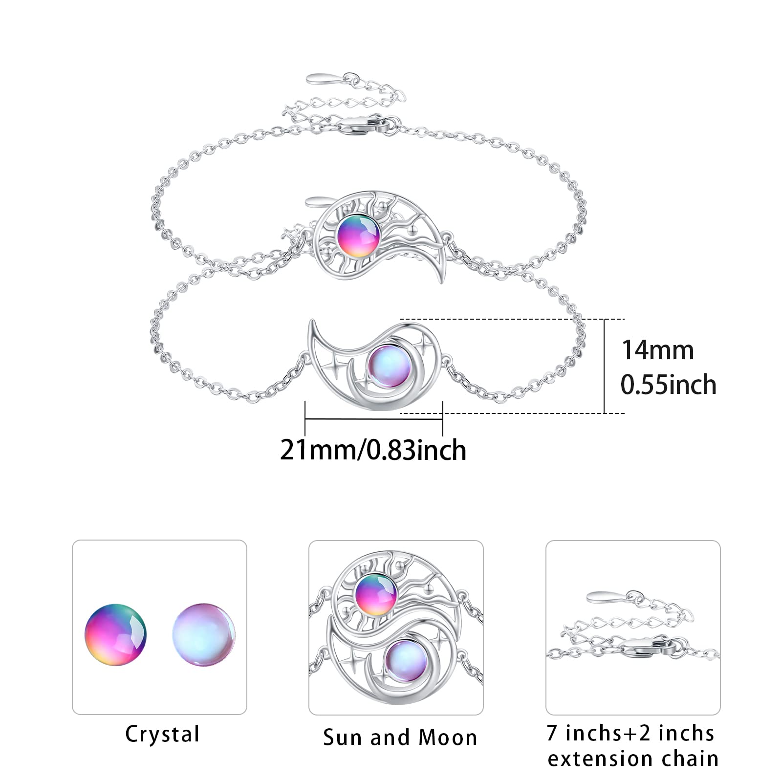 2 Stücke Bff Armband Mond Sonne 925 Sterling Silber Schwestern Armband Runden Kristallen Mondstein Sonne Mond Freundschaftsarmband Bff Schmuck für 2