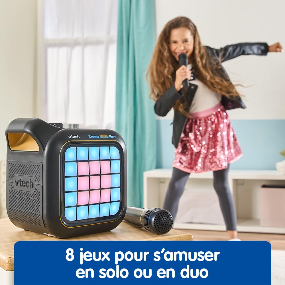 VTech Karaoke Light Party Enceinte Bluetooth Lumineuse Pixel Art Kit Karaoké Complet avec 2 Micros sans Fil Modificateur de Voix Jeux