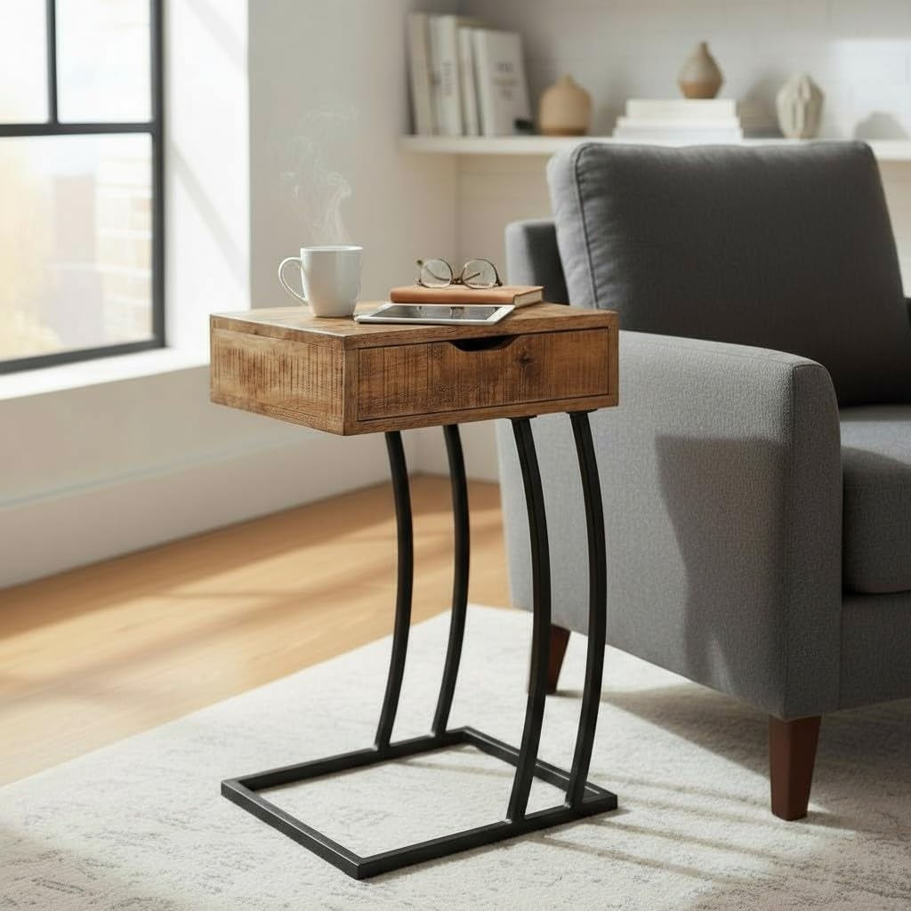 Gall & Zick Beistelltisch aus massivem Mangoholz – eleganter Laptop‑Tisch mit Schublade, ca. 66 × 38 × 30 cm