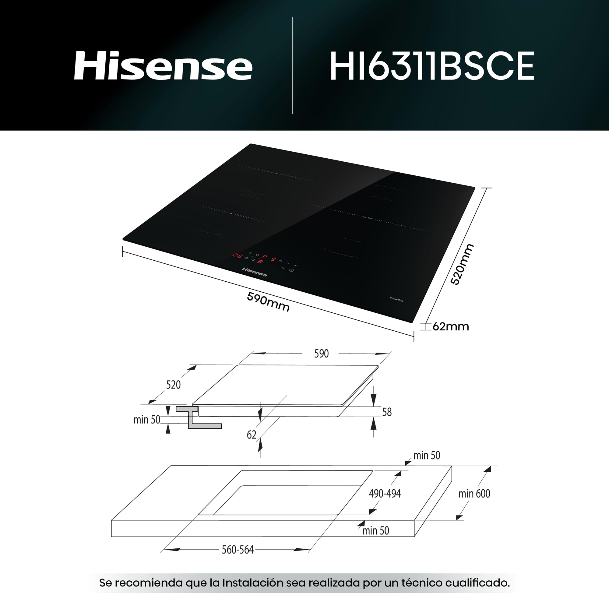 Hisense HI6311BSCE - Placa Induccion, 29 cm, Vitroceramica, 3 Fuegos, 7200W, Calentamiento Rápido Power Boost, Contol Táctil, Zona Expandible — view 2