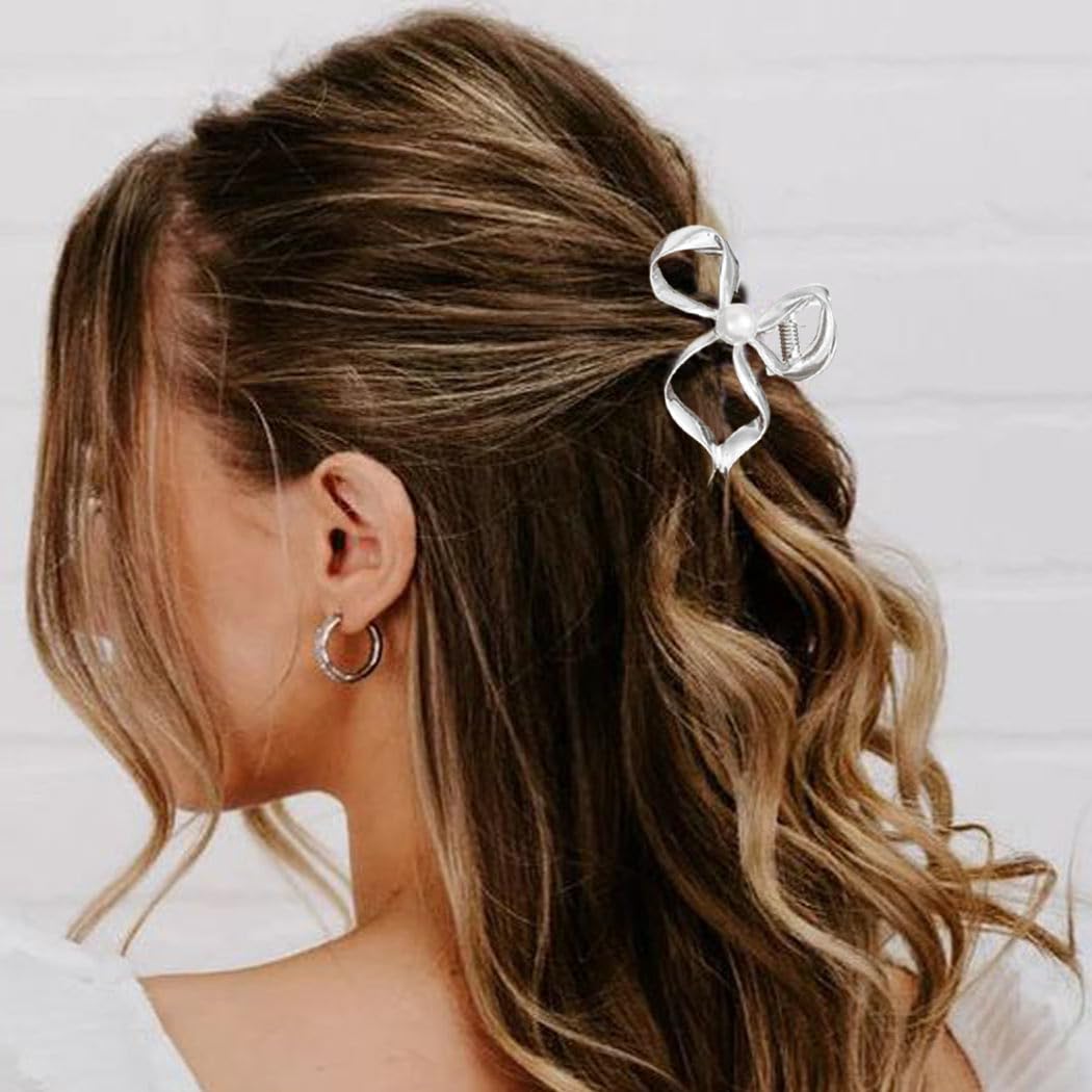 Zoestar Bow Claw Hair Clips Gold Metal Hair Claw Clip Pearl Hair Clip Claws Nonslip Stylish Hair Accessories for Women and Girls (Pack of 2) - Image 3