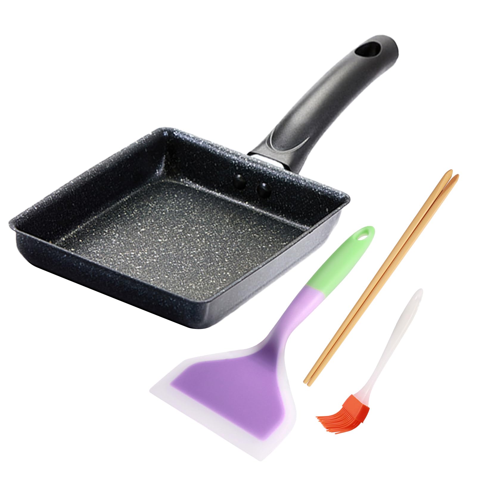 LOQJSS Tamagoyaki Pan Non Stick Japanese Omelette-Pan,Cast Iron Rectangle TamagoPans Small FryingPan, Tamagoyaki Eggs-Pans-Omelette-Pans - with Silicone Brush, Chopsticks & Spetula