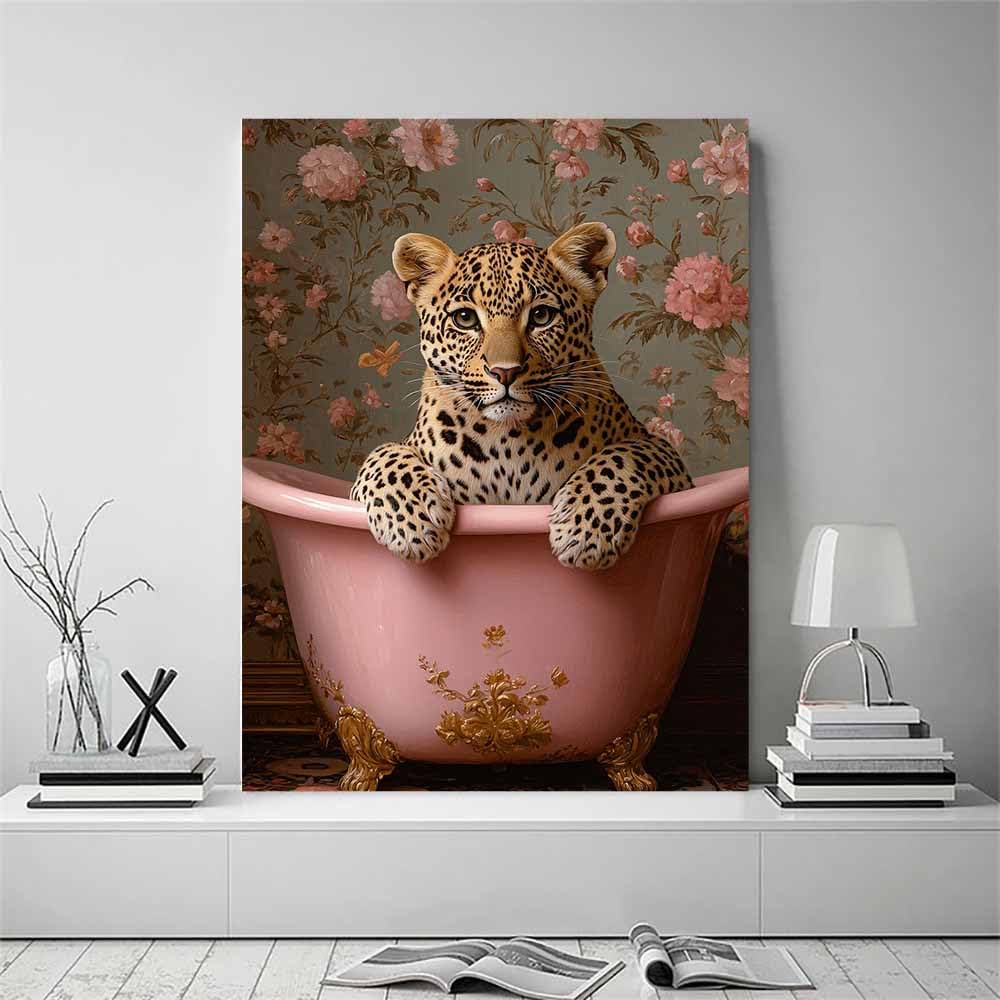 AMXBZC cuadros de animales para habitación infantil Bañera Flor de leopardo Moderno Pared Arte Cartel para Sala de Estar decoración del hogar baño cuadros（Rosado-40x60cm Enmarcado