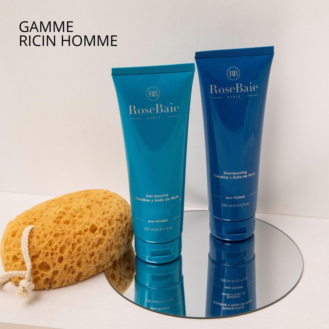 ROSEBAIE MEN | Duo Corps et Cheveux Ricin Kératine Probiotiques | Shampoing Homme Antichute Antipelliculaire 250ml | Gel Douche Fraîcheur Parfum Boisé 250ml