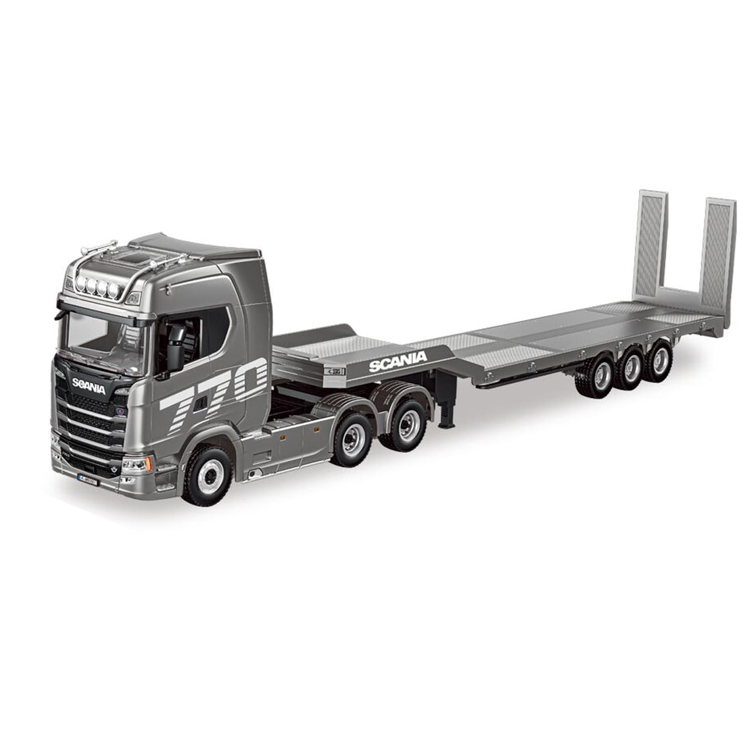 Scania 770S 1501A 1/18 RC 6x4 Tracteur Camion Tracteur 19 Fonctions 3 essieux Plastique Semi-remorque à Plat Système d'éclairage et de Son Télécommande 2,4G Gris