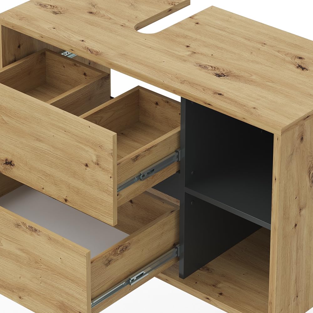 Vicco Waschbeckenunterschrank Viola, Artisan-Eiche, 100 x 60 cm, mit Siphonaussparung und offenen Ablagen zur Wandmontage