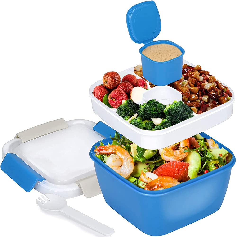 LENND Salad Lunch Container To Go 1.5L Salad Bowls with 3 Compartments, Salad Dressings Container for Salad Toppings, Snacks, Men, Women