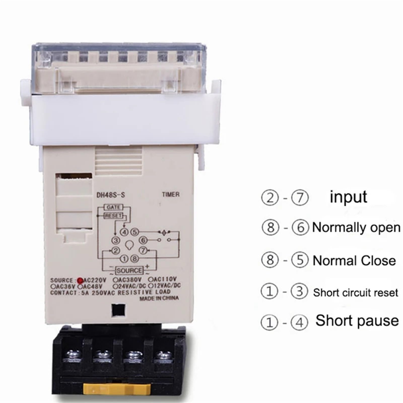 Relè temporizzato con display digitale programmabile AC/DC 24v-240v DH48S-S con controllo del ciclo, doppio relè a ritardo con presa di base(AC220V)