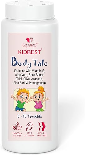 HealthBest Kidbest Talco corporal para niños, piel normal, piel sensible y piel seca, lágrima, parabenos, sin SLS, 3.53 oz