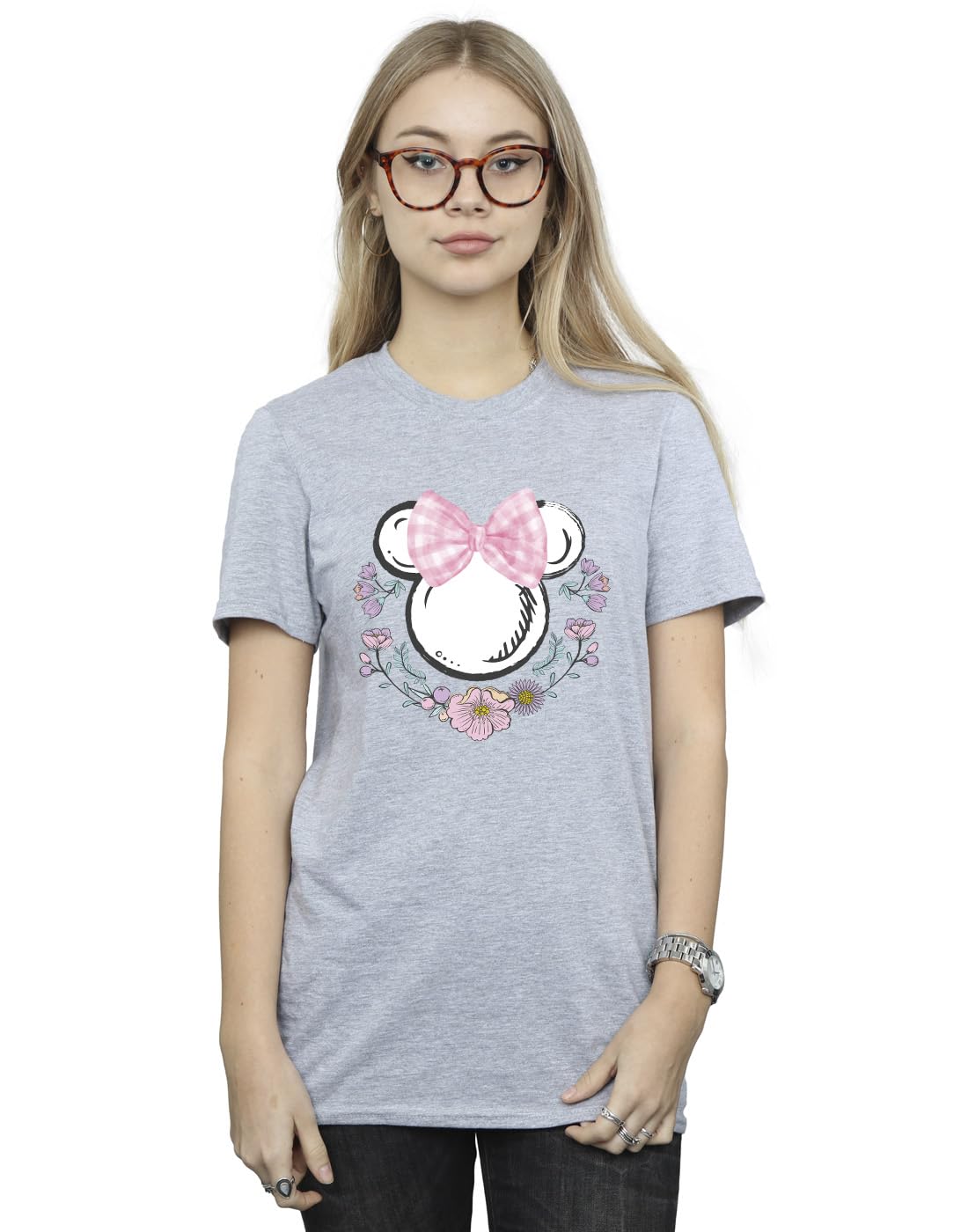 Disney Women's Minnie Mouse Flowers Bow Boyfriend T-Shirt in Grey | Size: Large