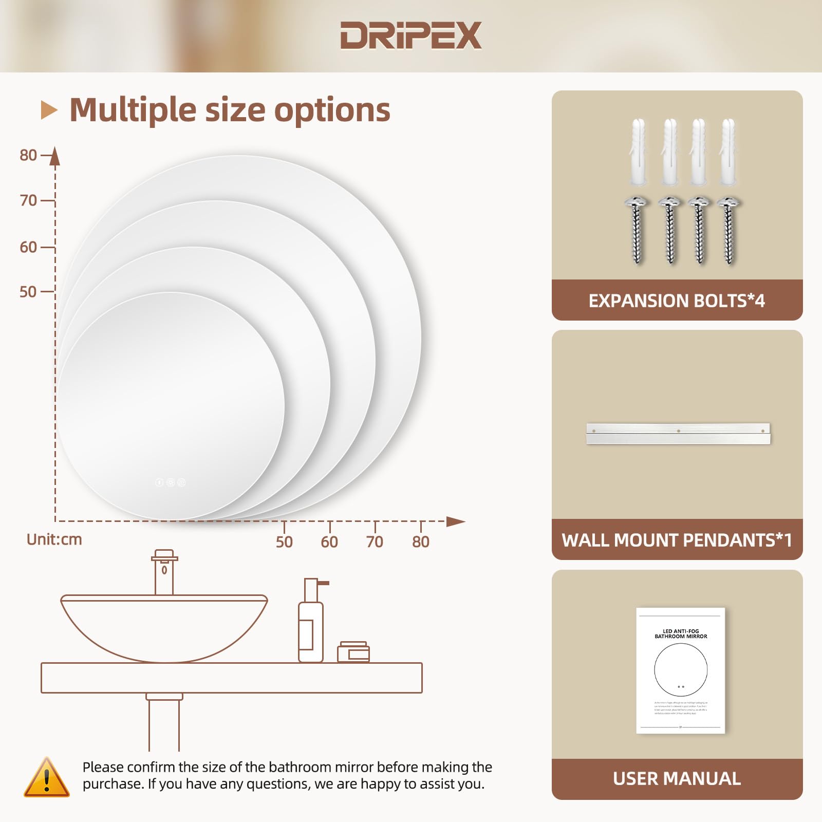 Dripex Miroir Salle de Bain 70cm, Miroir LED Rond Anti-buée, 3 Couleurs, Dimmable, Interrupteur Tactile