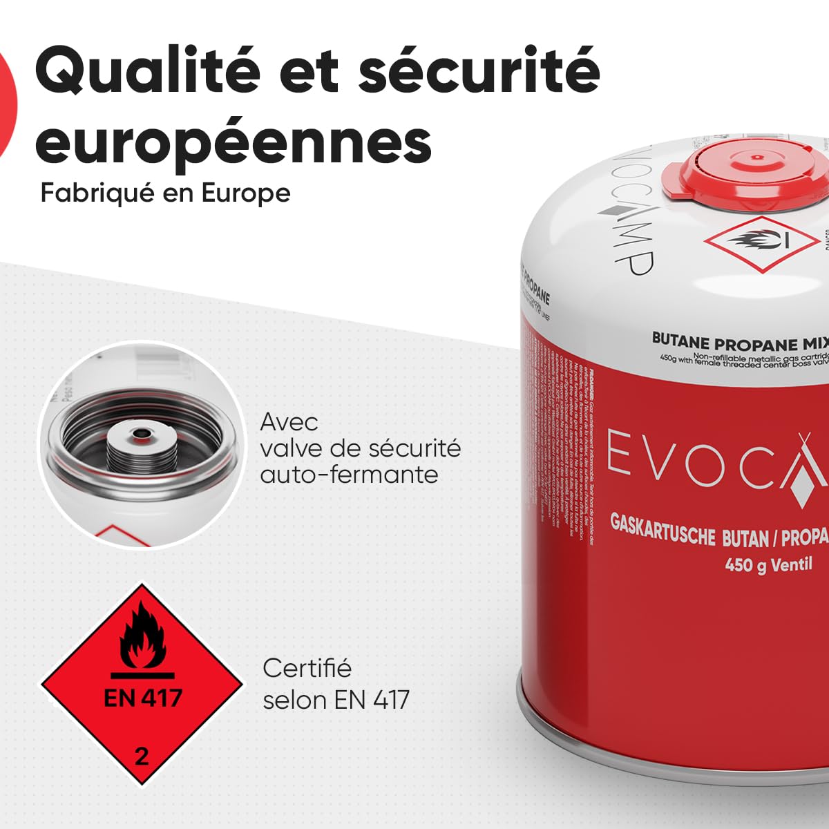 EVOCAMP 3X cartouche de gaz propane butane 450g, cartouche à vis avec filetage européen 7/16", bouteille de gaz 809ml, bonbonne de gaz utilisable pour les grills Weber séries Q100/1200