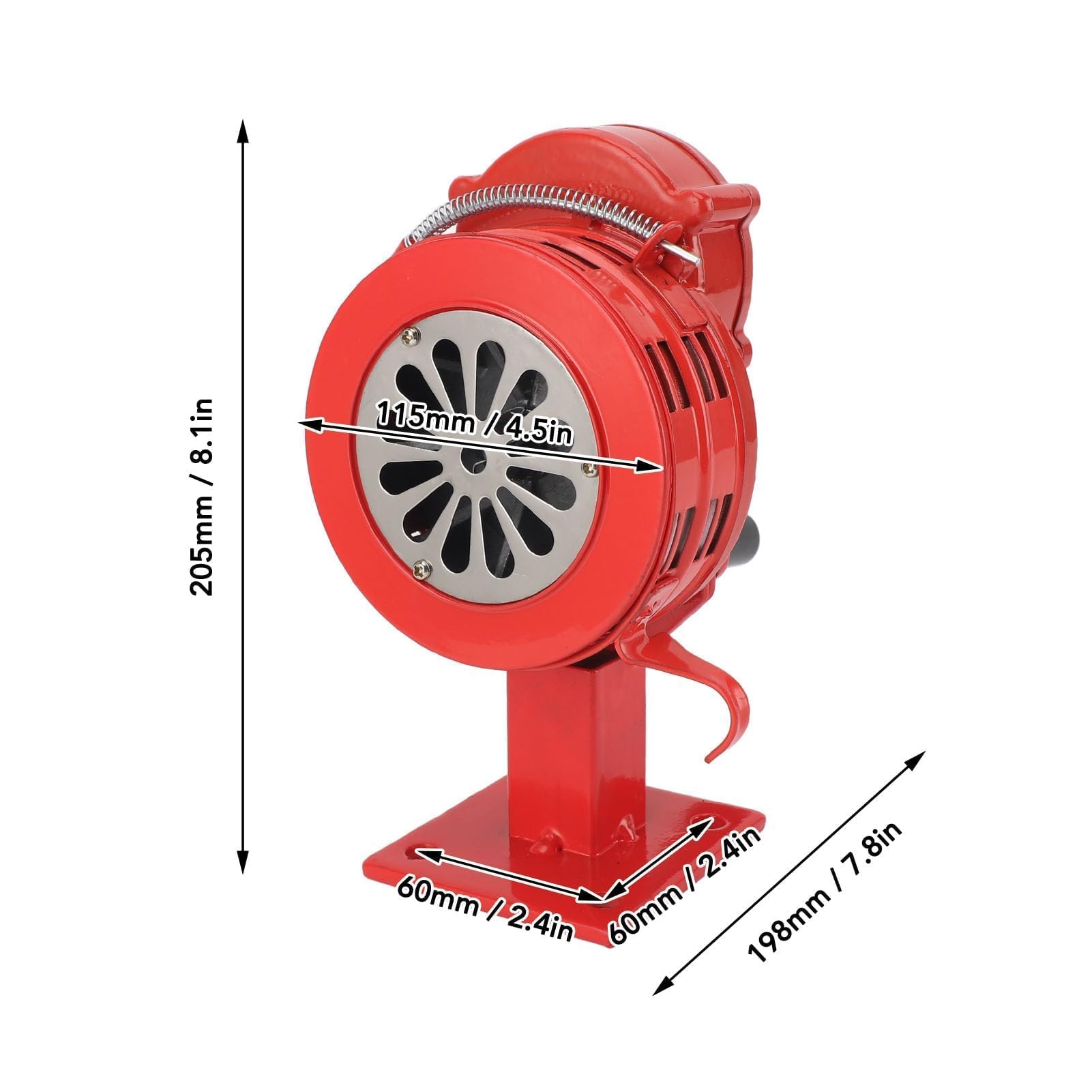 Sirena di Allarme Manuale in Metallo, 110dB, Sirena di Emergenza a Manovella con Base, Colore Rosso