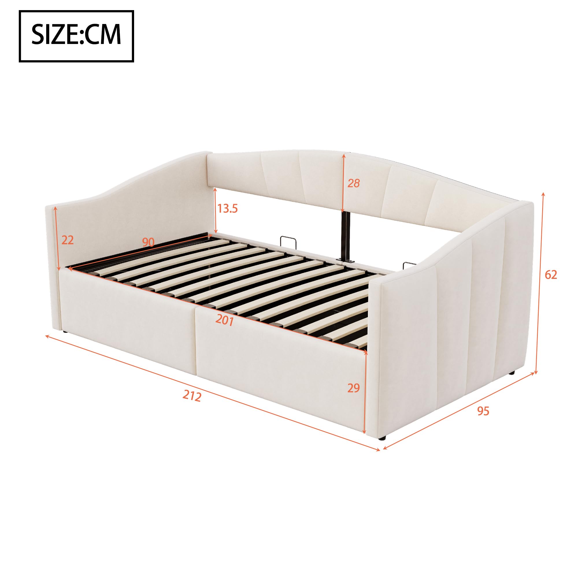 Łóżko tapicerowane z łożyskiem hydraulicznym, 90 x 200 cm, aksamitny materiał, beżowy, stelaż i podłokietniki, klasyczne paski, łóżko pojedyncze