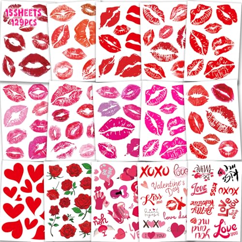 129Pcs Valentines-Day Kiss Red-Lip Tattoos -15Sheets Tattoos Temporary Stickers Red Kiss Lip Print Waterproof Fake Tattoo for Kids Women Girls Kids Face Body Valentine Gifts Party Favors Decorations