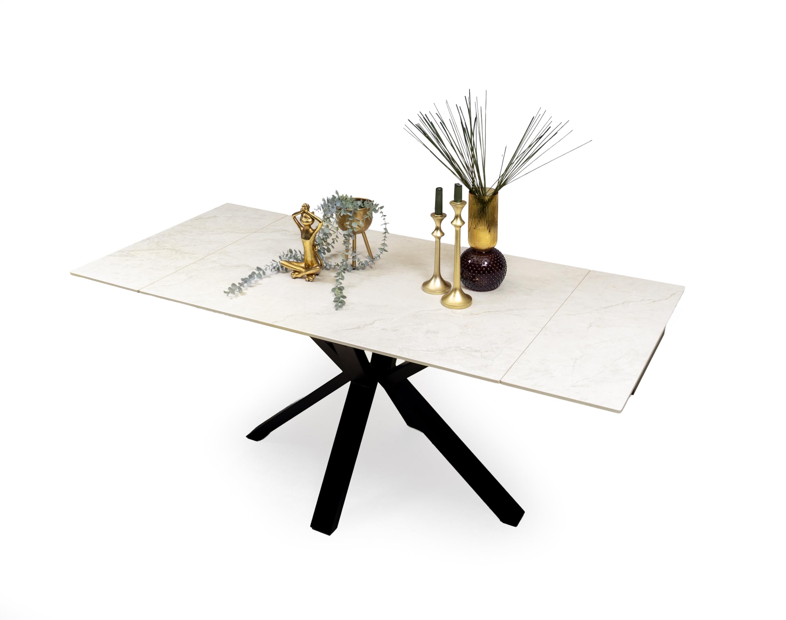 Homely® | Mesa de Comedor Extensible Marble con Tapa Porcelánica 120-180x80 cm | Acabado Efecto Mármol Boticcino Beige | Patas Metálicas Negras | Mesa Cocina, Comedor Moderna