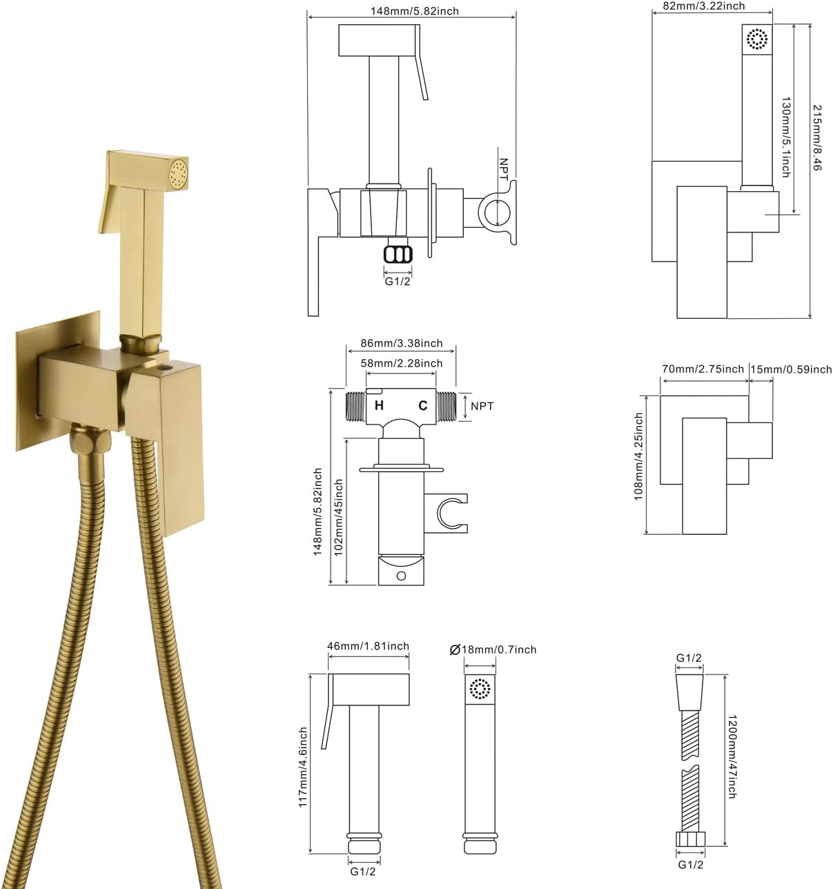 Handheld Bidet Sprayer Warm Water, Square Bidet Hand Held Sprayer Shattaf Bathroom Attachment for Toilet with Concealed Brass Hot and Cold Mixing Valve Brushed Gold