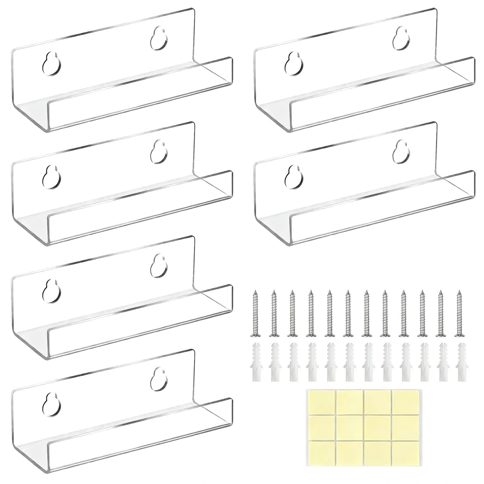 YANKOIUK 6 PCS Acrylic Shelves, Clear Record Vinyl Wall Mount Shelf, 4 Inch Floating Vinyl Shelves for CD Display, Home Office, Living Room, Bedroom, Gallery Wall & Collection Display