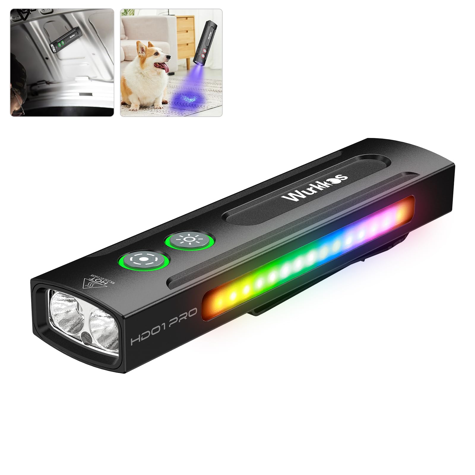 Wurkkos Pro-Black Hd01 Pro Rechargeable Torch, Led Flashlight With White Light, 365Nm Uv, Green Light, Rgb Light, 1200 Lumens Super Bright, Uv Torch With Magnetic, Pocket Flashlight For Camping, Emergency