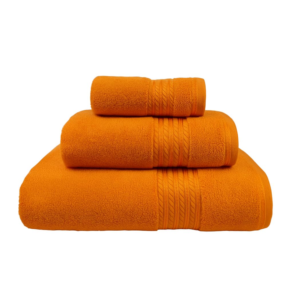 🤗🖐️🛁Supreme 3 piece Matching Towel Set for Bathroom 500GSM Super Soft Cotton Collection Pack contains 1 face flannel, 1 hand towel, 1 bath towel Absorbent and Quick Dry towels (ORANGE)