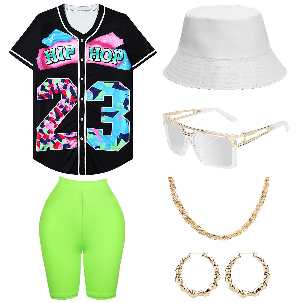 80s 90s Outfit, Women's Yoga Leggings, Hip Hop Loose Tops, Fishing Hats, Glasses Earrings, Necklace, Costume 80s Accessories, Colourful Baseball Shirt, Carnival Theme Party, Bath Button