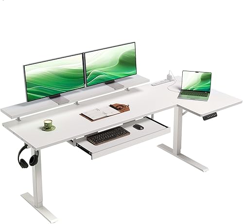 Miniatura 12 de OffiGo Escritorio eléctrico de pie en forma de L de 55 pulgadas con bandeja para teclado, escritorio de esquina reversible de altura ajustable con