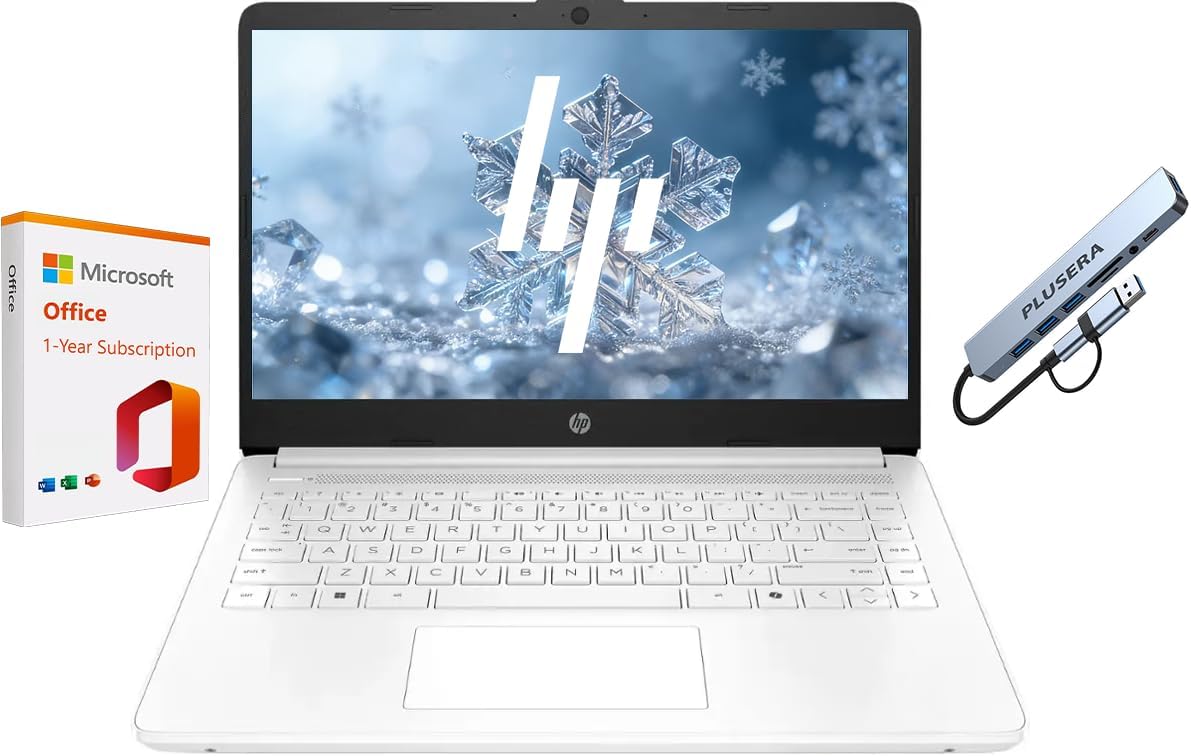 HP 14" Business Laptop, 1-Year Office 365 with Copilot AI, 8GB RAM 576GB Storage (64GB SSD+512GB SD Card), Dual-Core Intel Processor, Windows 11, PLUSERA 8-in-1 Hub Included, Snowflake White