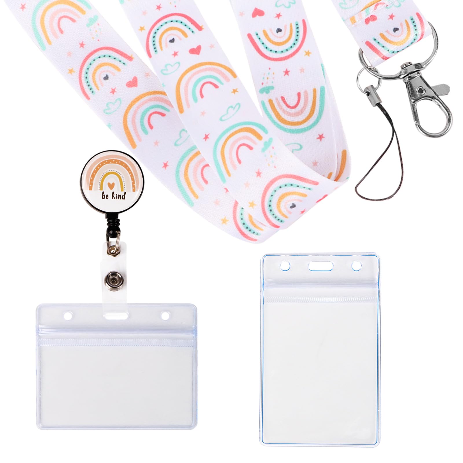 Porta Tarjetas Identificativas Arco Iris Tarjetero Colgante 2pcs Fundas Tarjeta Transparente + Llavero Retráctil + Cordón para Cuello Lanyard Tarjeta para Oficinista Alumnos Enfermeros Profesores