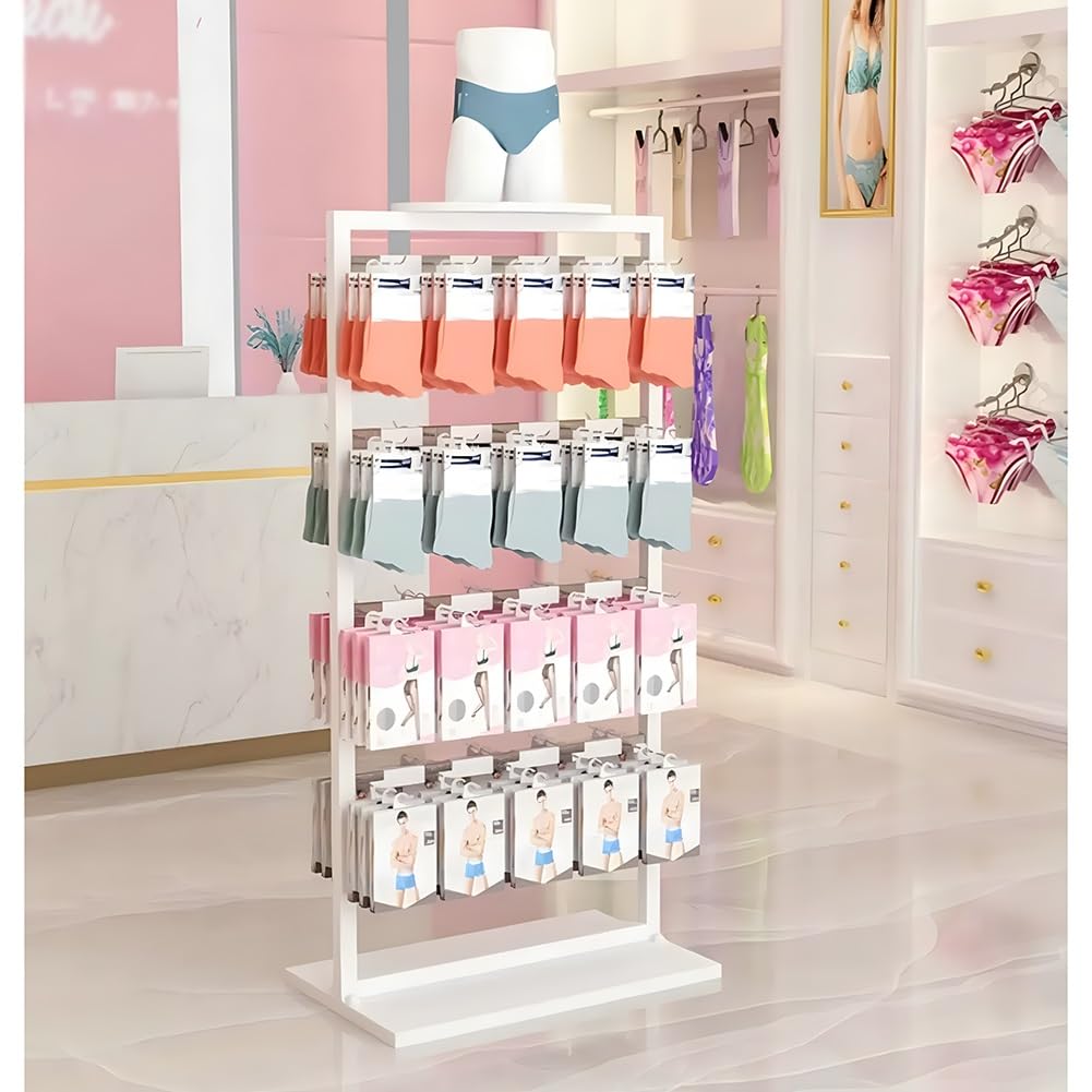 YNBSHGAA Sock Display Rack with 40 Hooks, Multi-Layer Freestanding Storage Rack for Retail Clothing Stores, Supermarkets,White-65x40x135cm