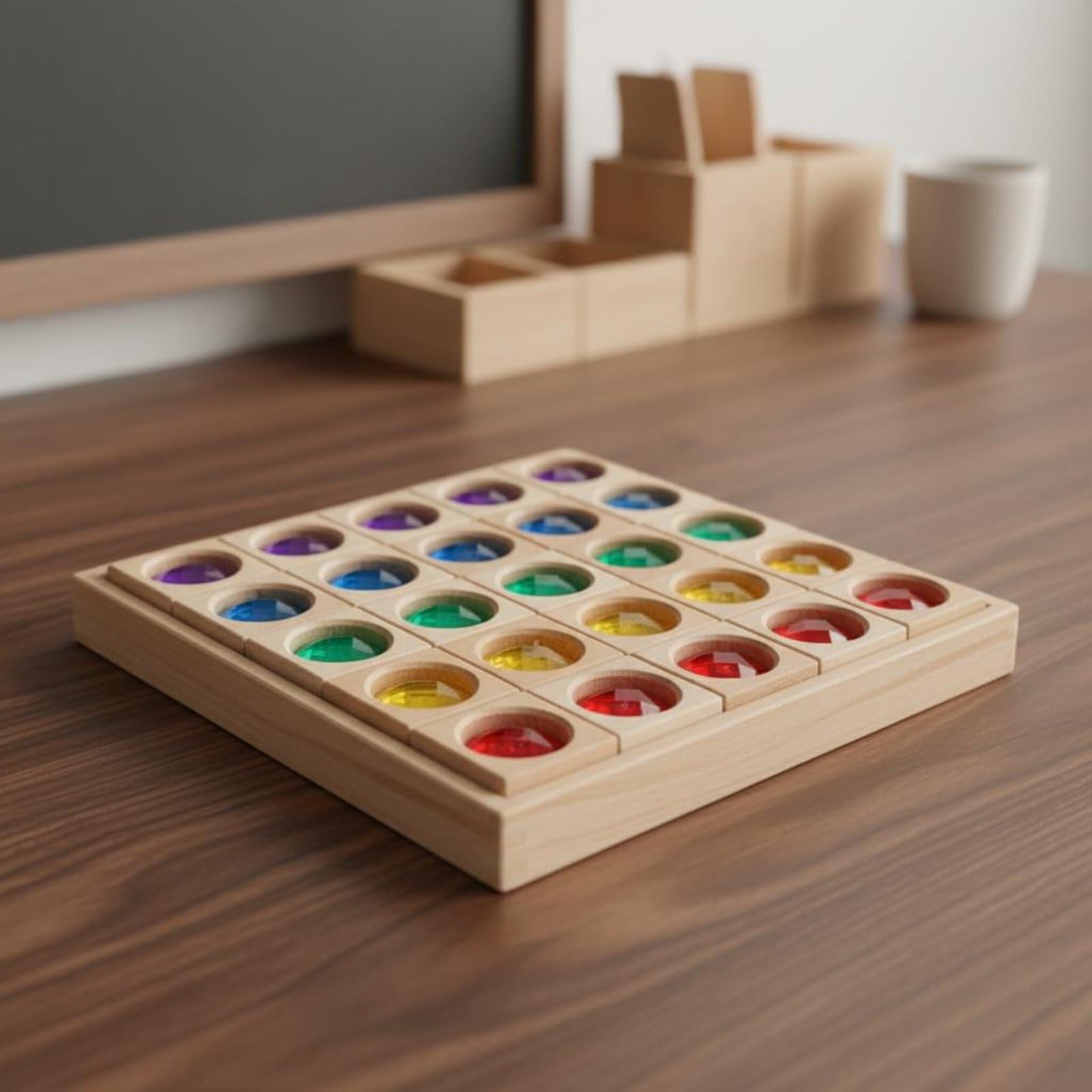 25 Stück Kinder Bausteine Lernspielzeug Holz Acryl Bausteine Spielsteine Bausteinset mit Bunten Transparent Einsätzen Erzeugt Leuchteffekte Beim
