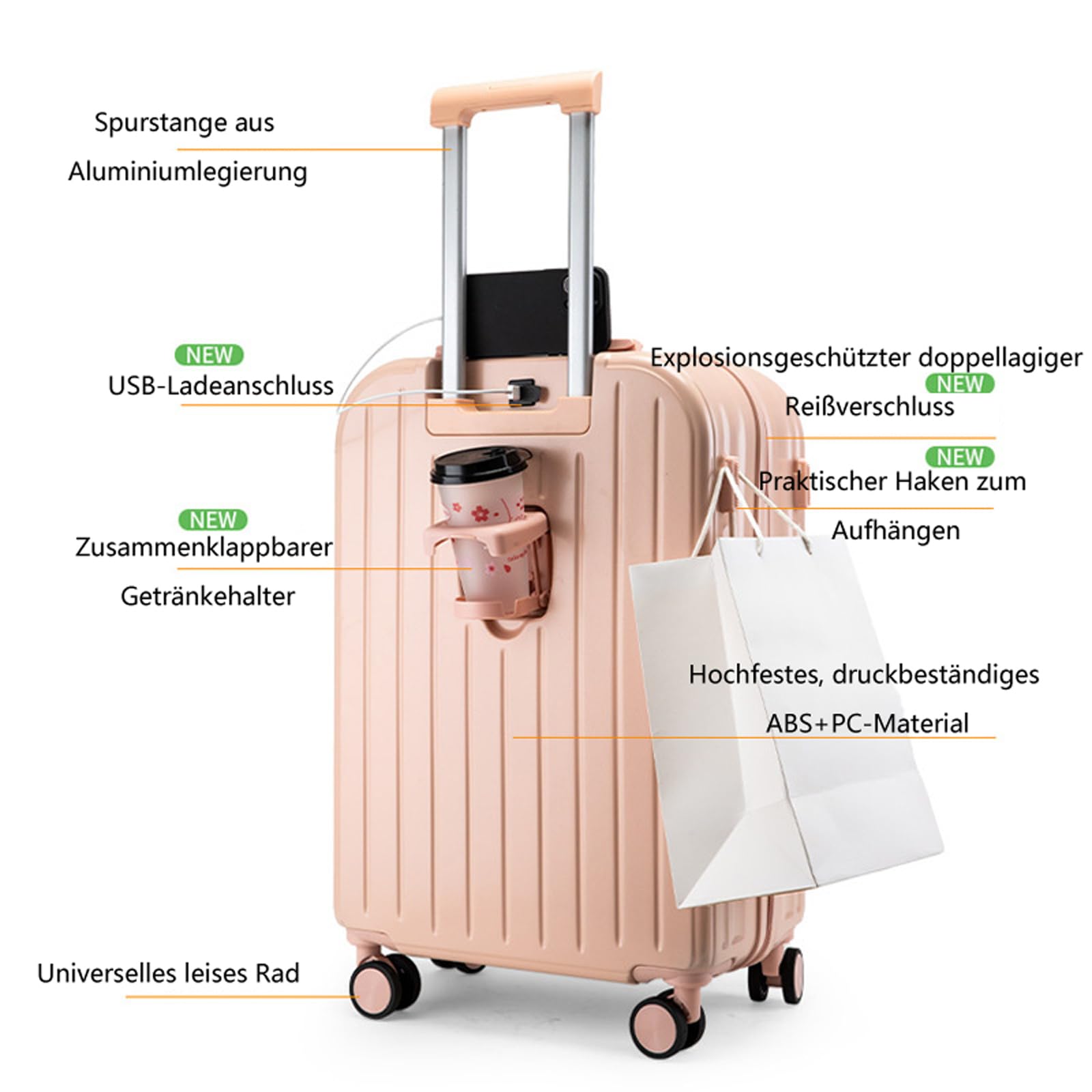 Maleta ultraligera para avión, equipaje de mano, maleta con ruedas, maleta de viaje para equipaje de mano, maleta de viaje, grande, rosa, 22 pulgadas