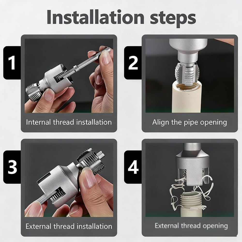 4-in-1 Water Pipe Wrench & Threading Tool, Integrated Internal & External Pipe Threader for 1/2", 3/4" & 1" PVC Pipes, Electric Drill Compatible Pipe Tapping, Versatile Plumbing Repair (1/2"+3/4"+1'')