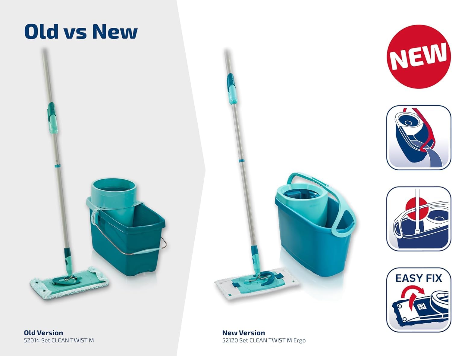 Leifheit Zestaw Mop CLEAN TWIST M Ergo z Systemem Obrotowym | Mop do mycia na mokro i sucho, wiadro 6 l, drążek 110-140 cm, 2 nakładki z mikrofibry i poliestru, 360° przegub