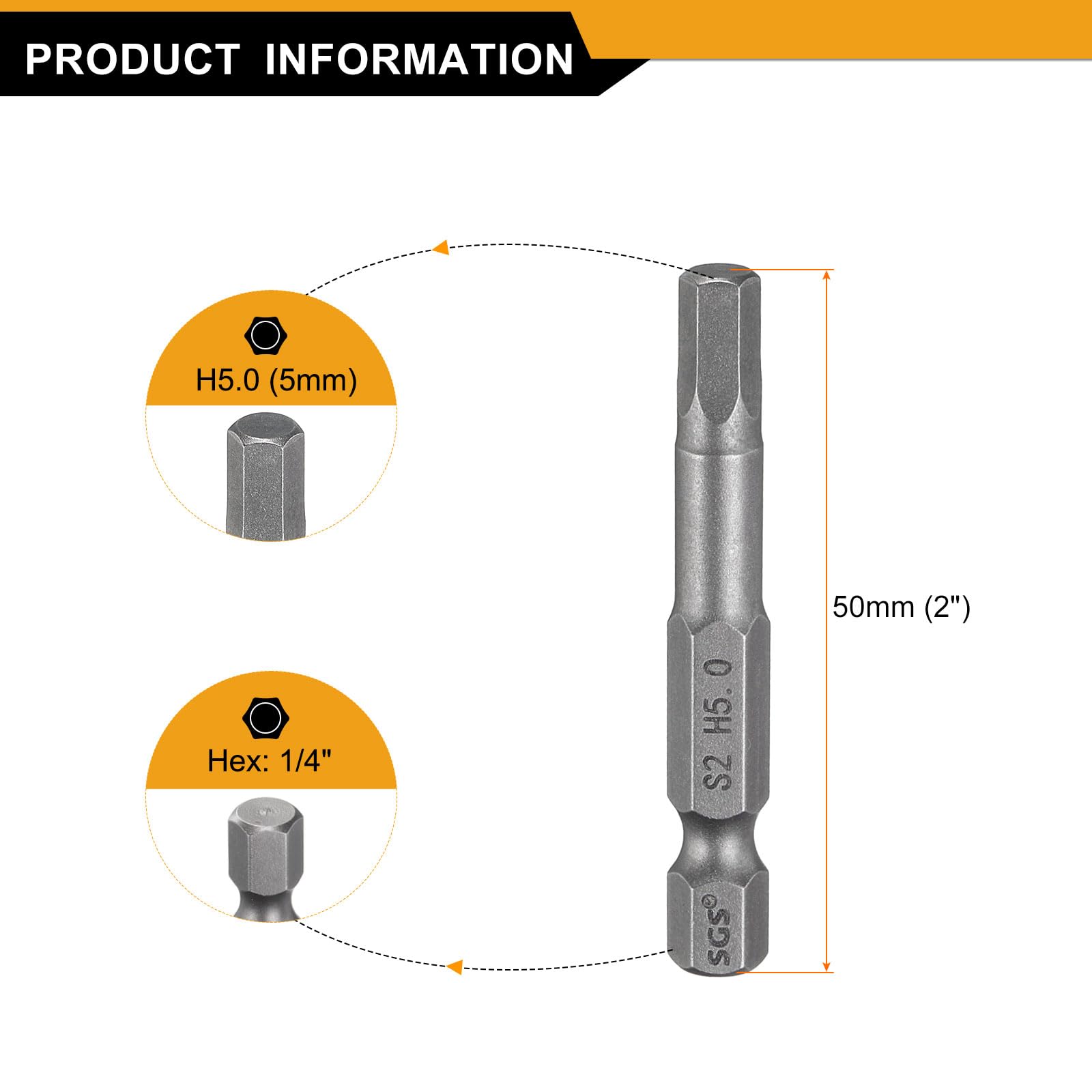 HARFINGTON Juego de 3 brocas de cabeza hexagonal H5.0 de 5 mm, punta plana métrica de 1/4 pulgadas, vástago hexagonal de 50 mm de largo, hexagonal, destornillador industrial, puntas de potencia