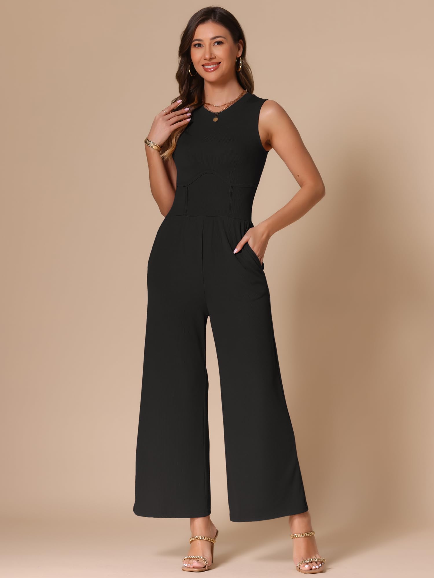 Allegra K Donna Tuta Estiva Elegante Casual Un Pezzo Abiti Senza Maniche Girocollo Pantaloni A Gamba Larga