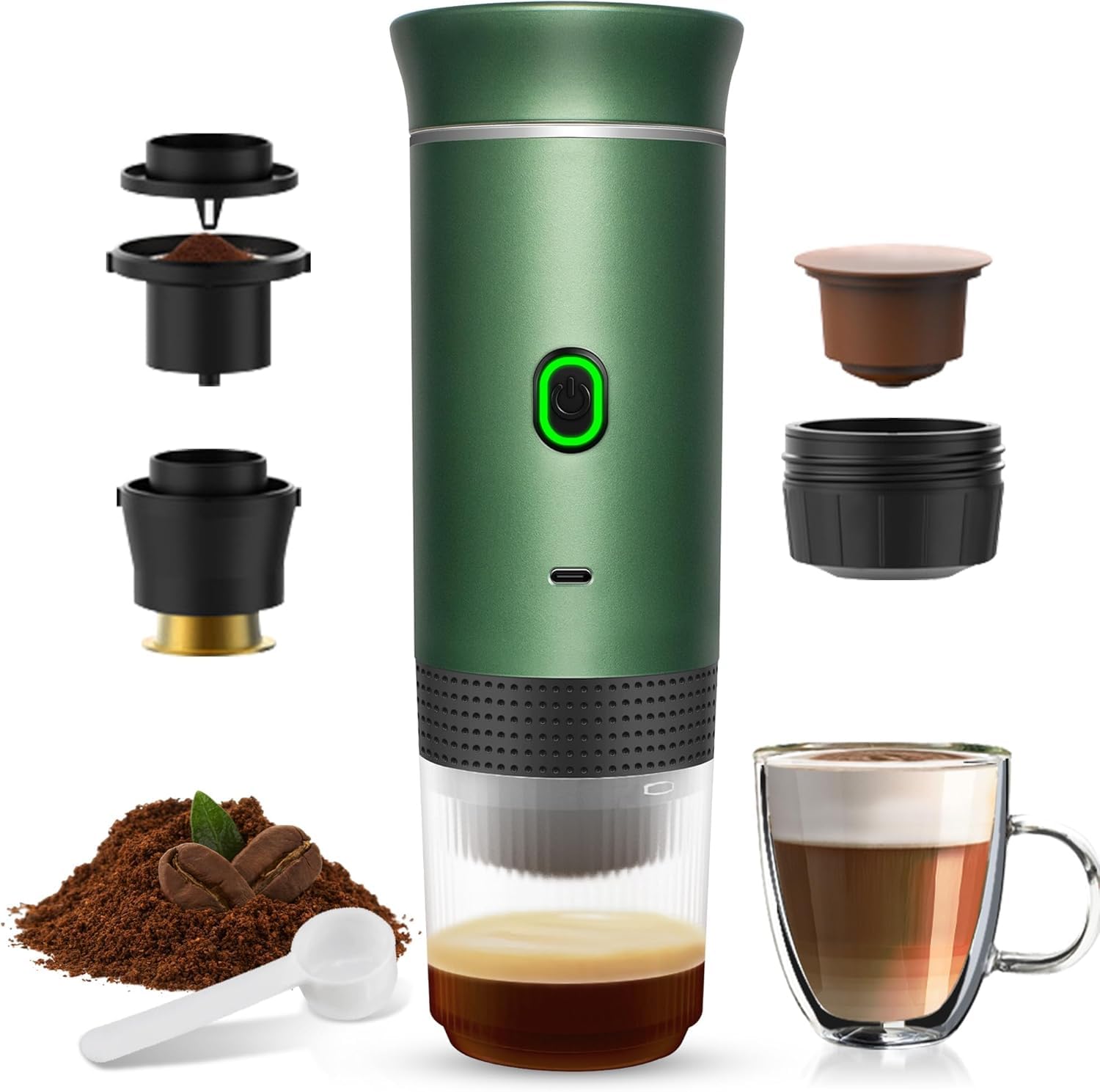 Cafetera Portatil Capsulas 3 en 1 compatible con Nespresso Dolce Gusto y Café Molido - Cafetera Portátil Multicapsulas para Llevar - Maquina Cafe Portatil Pequeña (Verde)