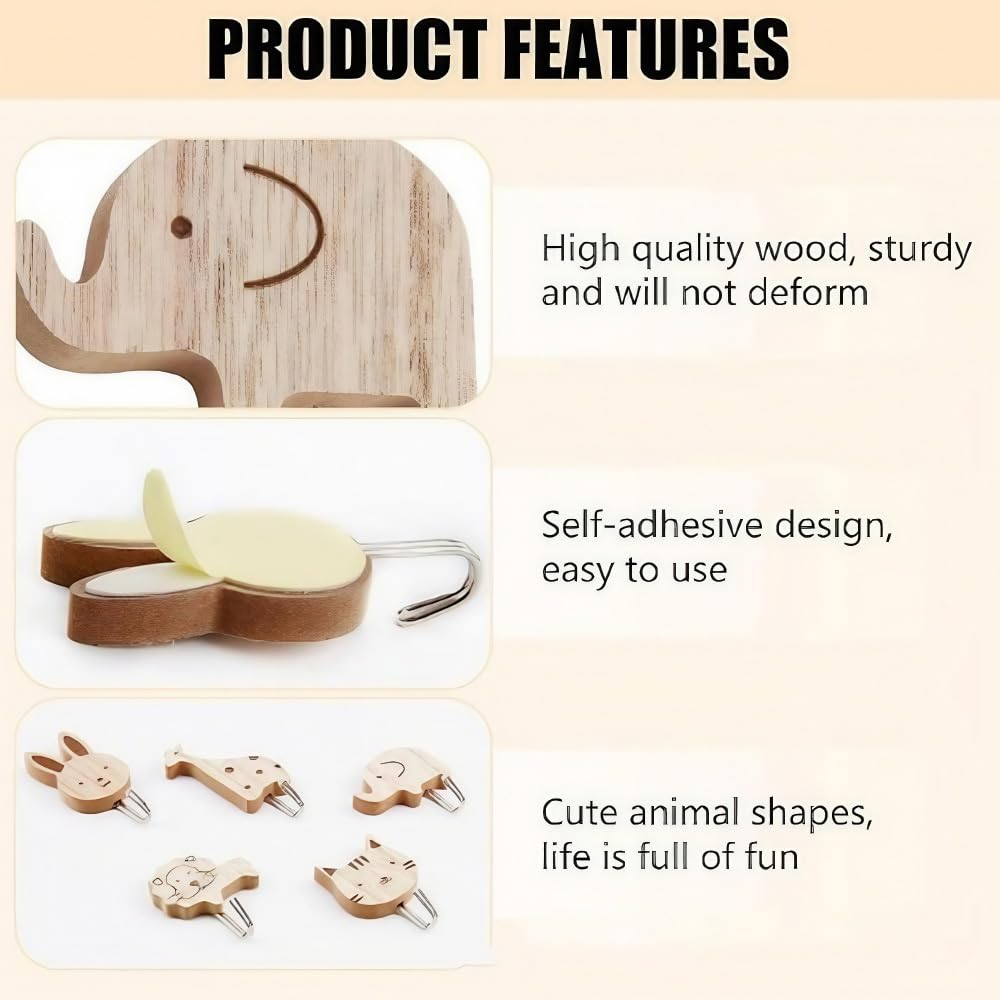 Ganci Adesivi Cucina Legno per Bambini Design Animali Carini Appendini da Muro Set 8 Pezzi