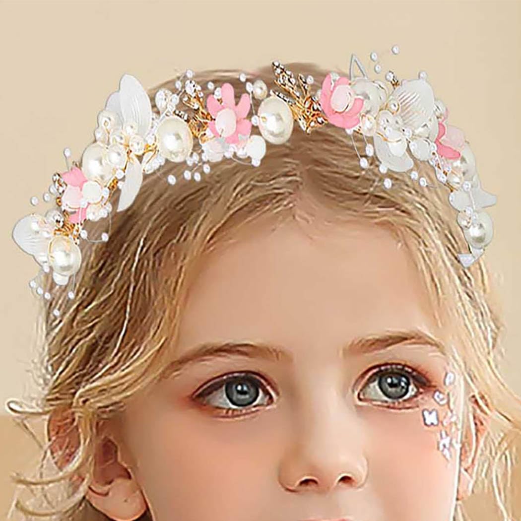Campsis Wedding Flower Girl Headpiece, Pink Pearl Bridal Headband, Floral Crystal Prom Hair Accessories for Girls(Pink) - Image 4