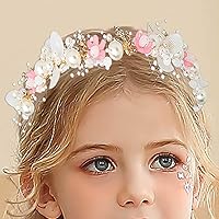 Vista 4 de Campsis Diadema de boda para niña de las flores, diadema de novia de perlas rosas, accesorios para el cabello de graduación de cristal floral