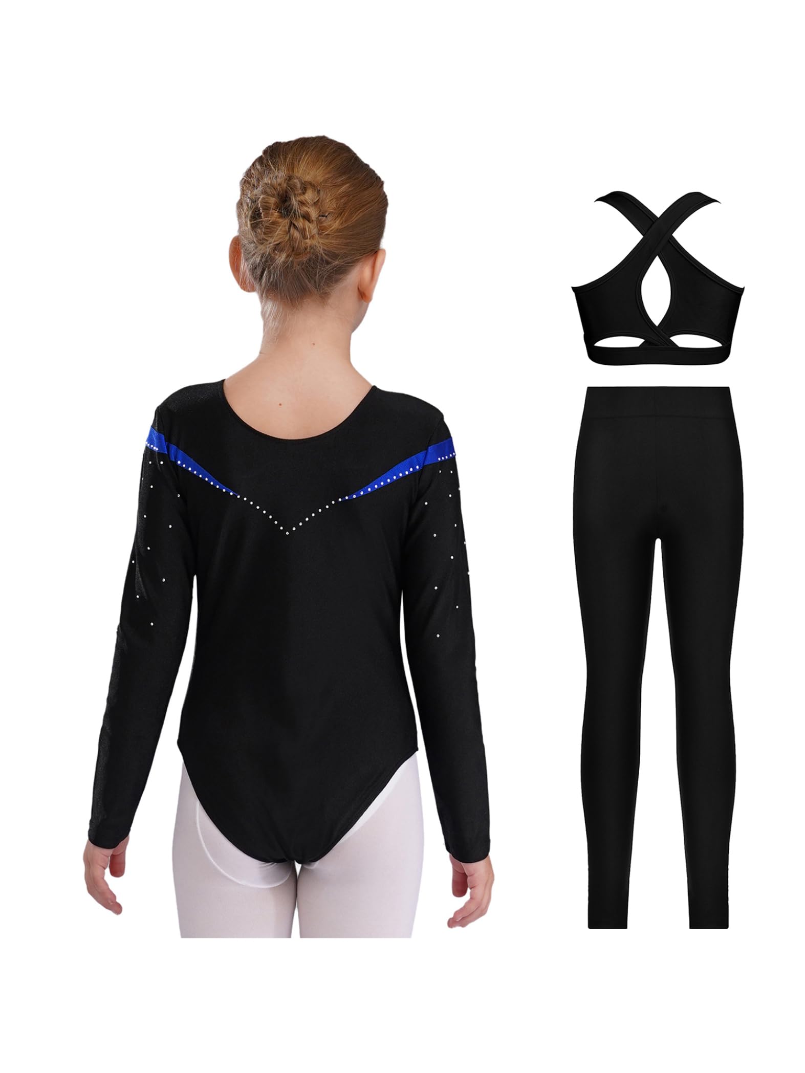 Piezas De Traje De Gimnasia Con Destellos Para Niñas Leotardos De Gimnasia De Manga Larga Tops De Deporte Brasier Y Pantalones Traje De Baile Para Azul 11-12 años